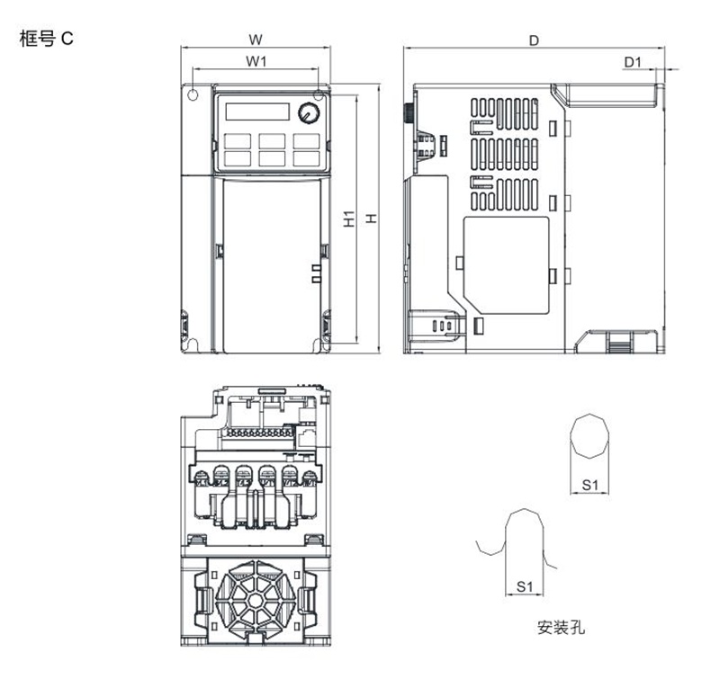 1.5KW臺(tái)達(dá)變頻器 VFD7A5MS21ANSAA 的安裝尺寸