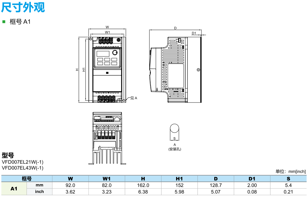 0.75KW臺(tái)達(dá)變頻器VFD007EL43W的安裝尺寸