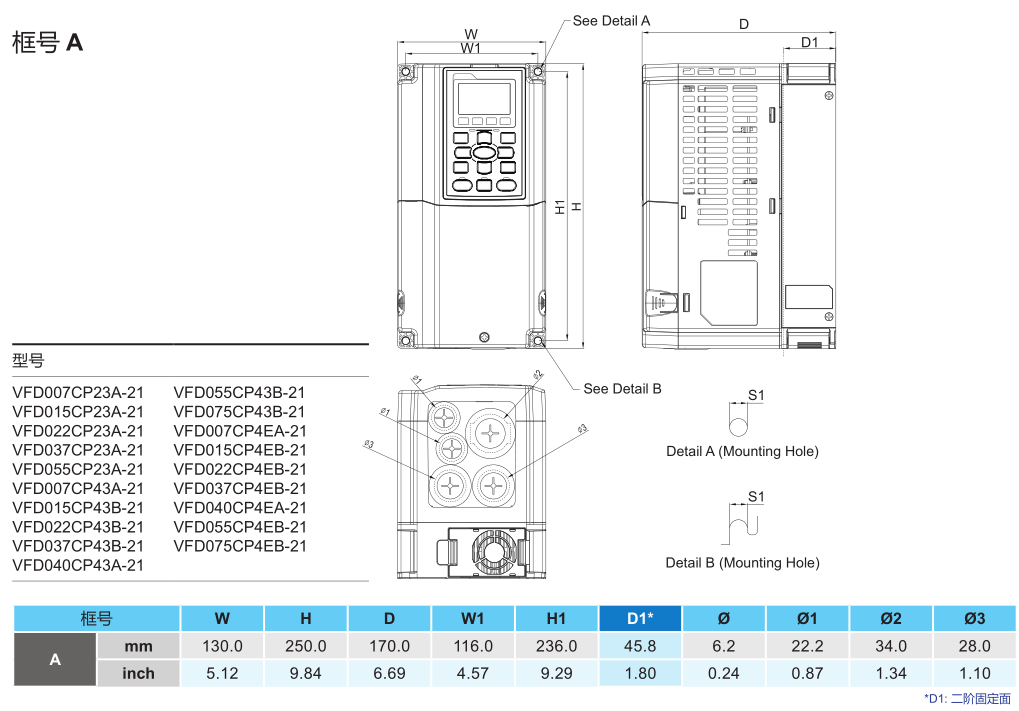 4kW臺達變頻器VFD040CP43A-21的安裝尺寸