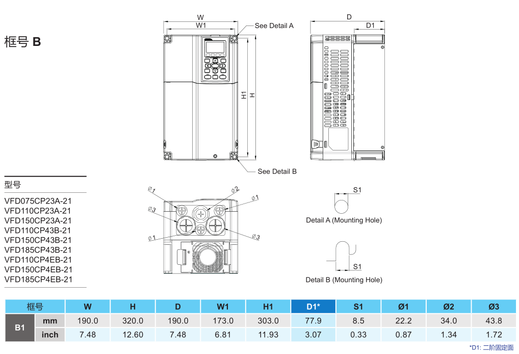 18.5kW臺達(dá)變頻器VFD185CP43B-21的安裝尺寸