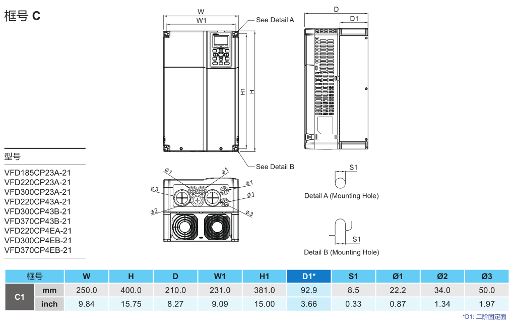 37kW臺(tái)達(dá)變頻器VFD370CP43B-21的安裝尺寸